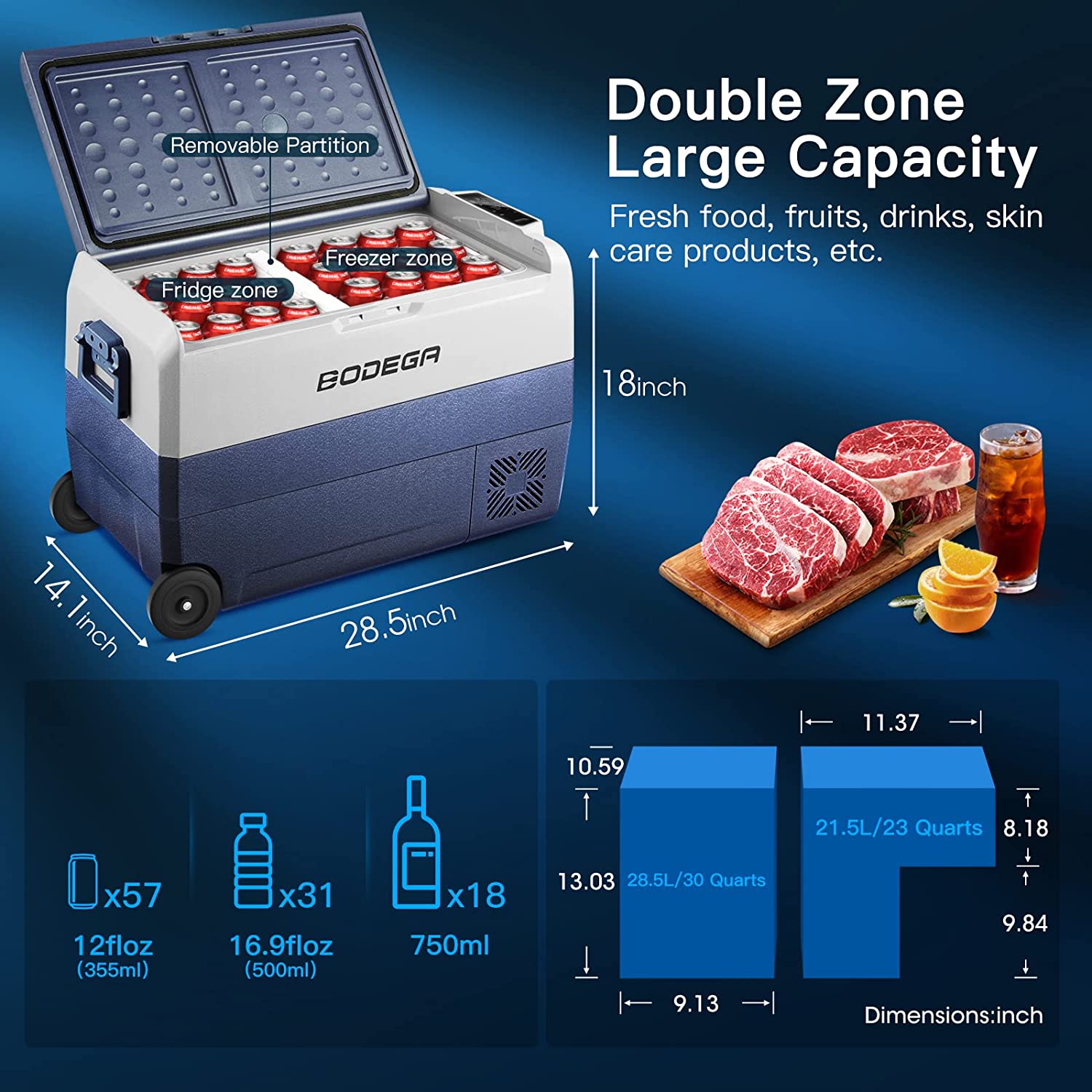 BODEGAcooler Portable Freezer 53qt/50L with Flexible Dual Zone T50
