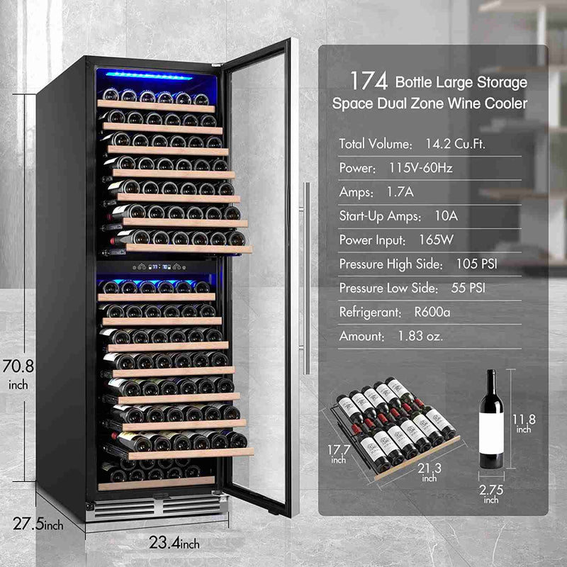 BODEGAcooler 24" Free Standing 174 Bottles Wine Cooler Dual Zone
