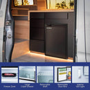 Compact refrigerator and freezer unit inside a vehicle with features highlighted.
