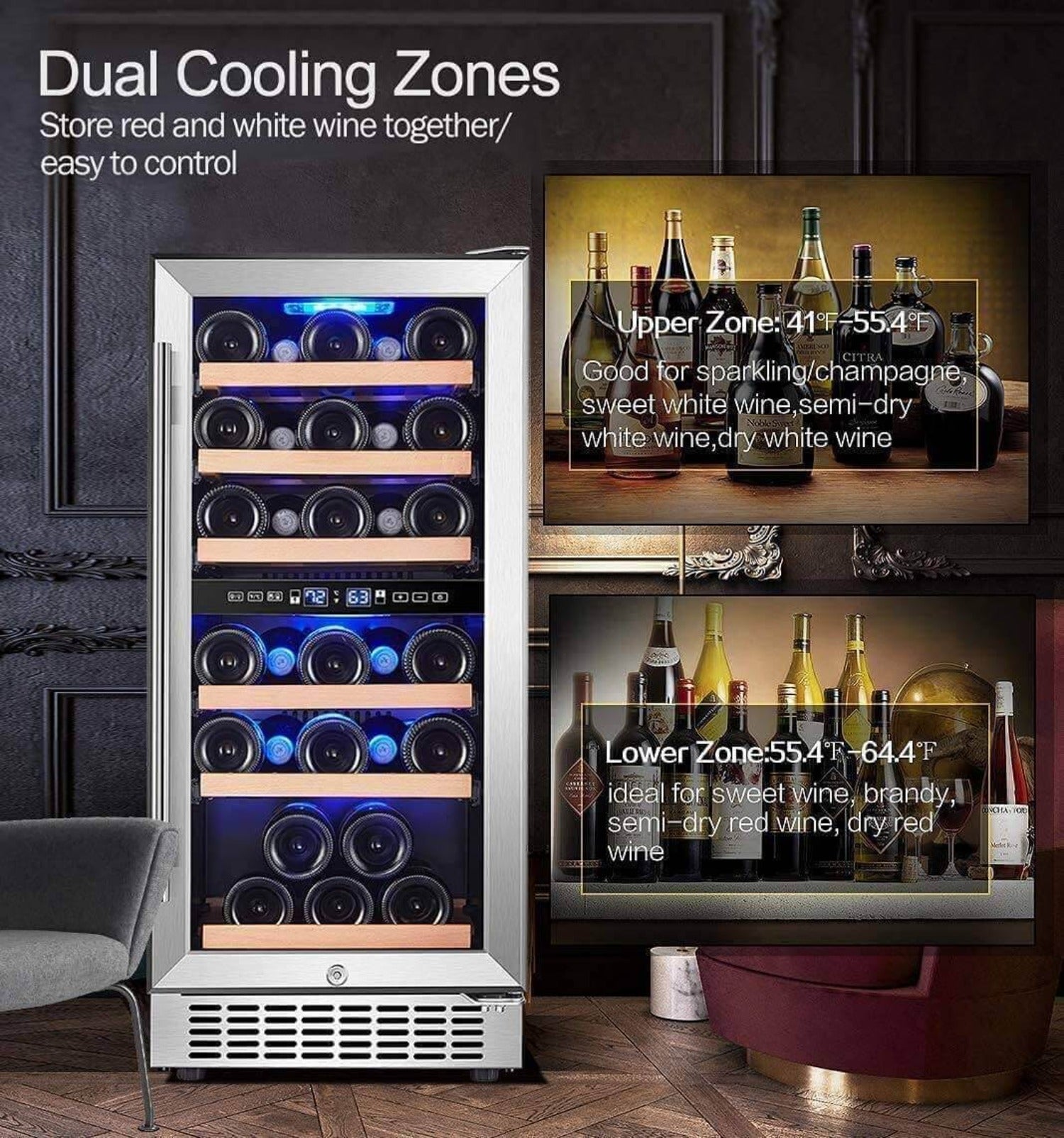 AAOBOSI Wine Cooler Refrigerator 15 inch Dual Zone Wine Fridge for 30 Bottles YC-100B