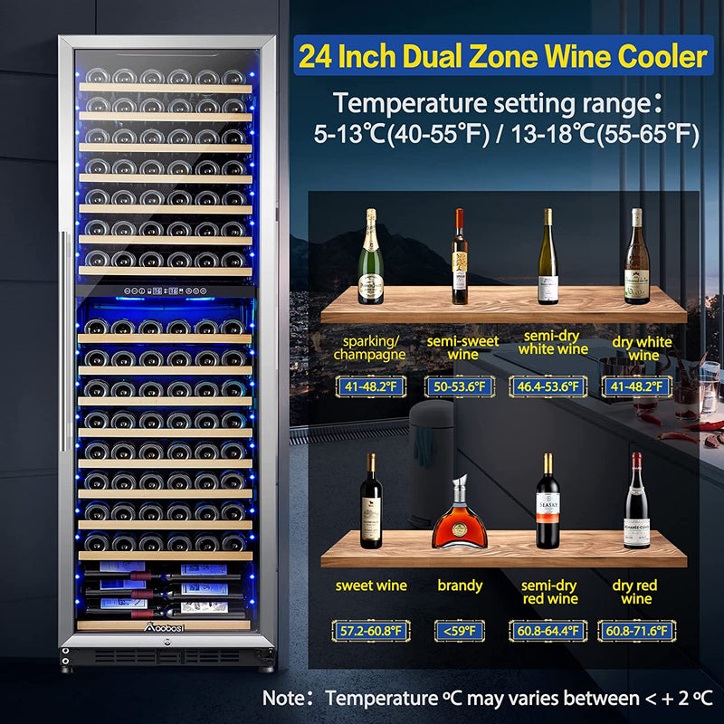 AAOBOSI 24" Free Standing 176 Bottles Wine Cooler in Stainless Steel with Wood Shelves YC-510B