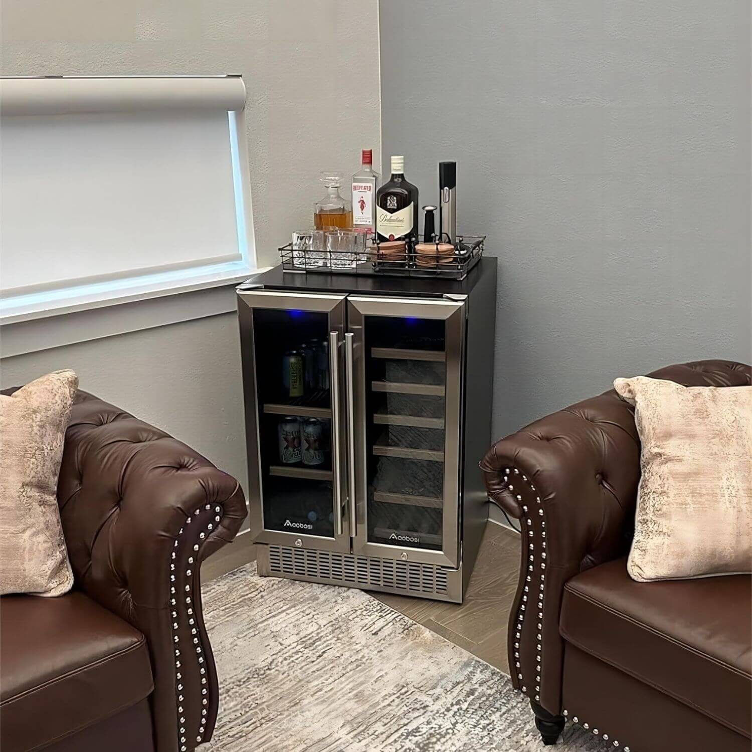 AOBOSI 24 Inch Beverage and Wine Cooler Dual Zone 2-IN-1 Hold 18 Bottl