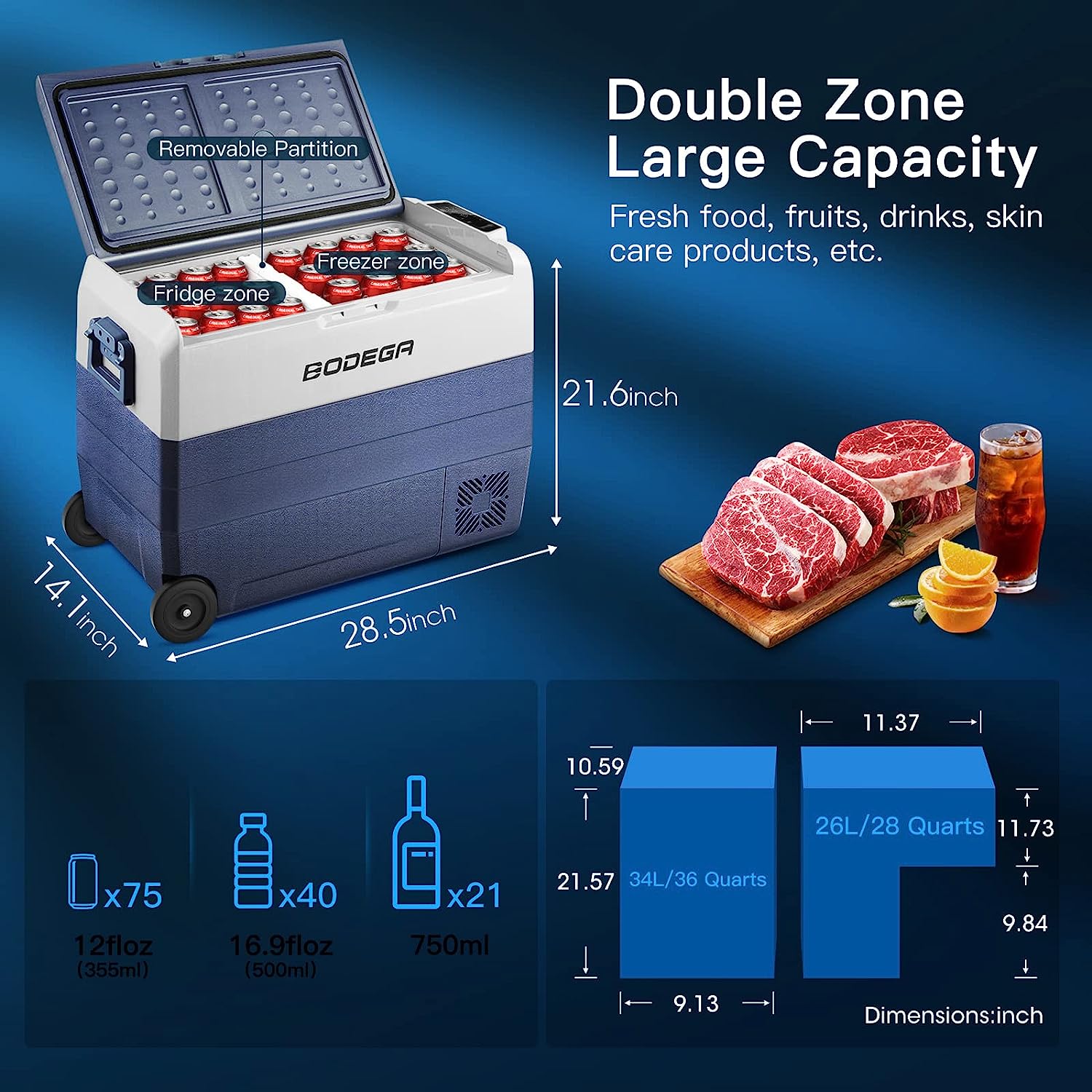 BODEGAcooler 12V Fridge 64qt/60L with Wheels Dual Zone T60