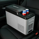 Portable car refrigerator with drinks inside on a car seat