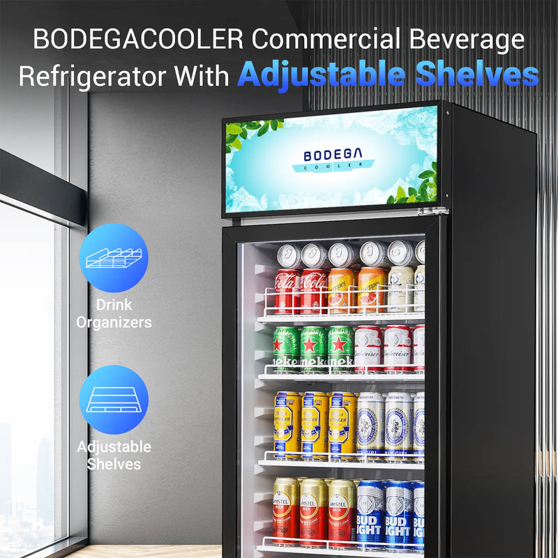 BODEGACOOLER commercial beverage refrigerator with adjustable shelves and drink organizers.
