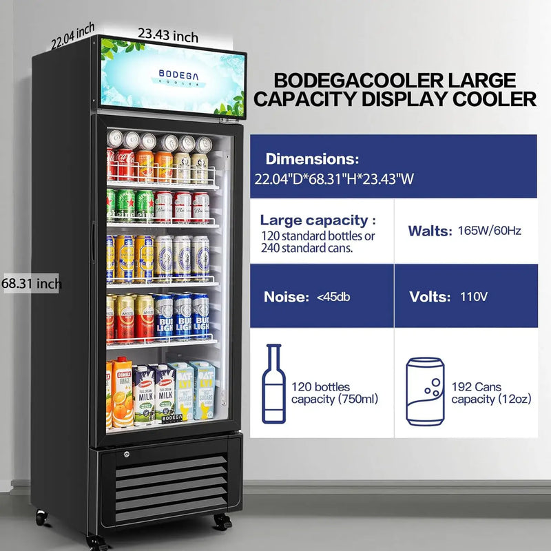Bodega cooler with product display and specifications on a gray background