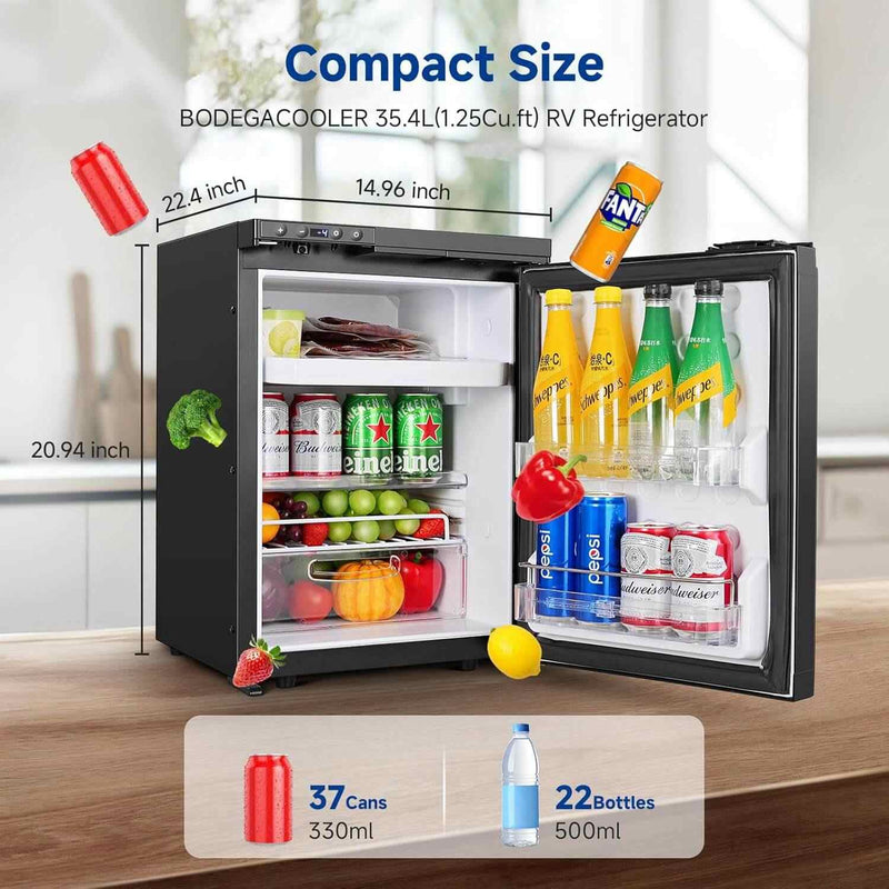 BODEGA 12 Volt Mini Refrigerator 1.25cu.ft 35.4L RV Fridge and Freezer