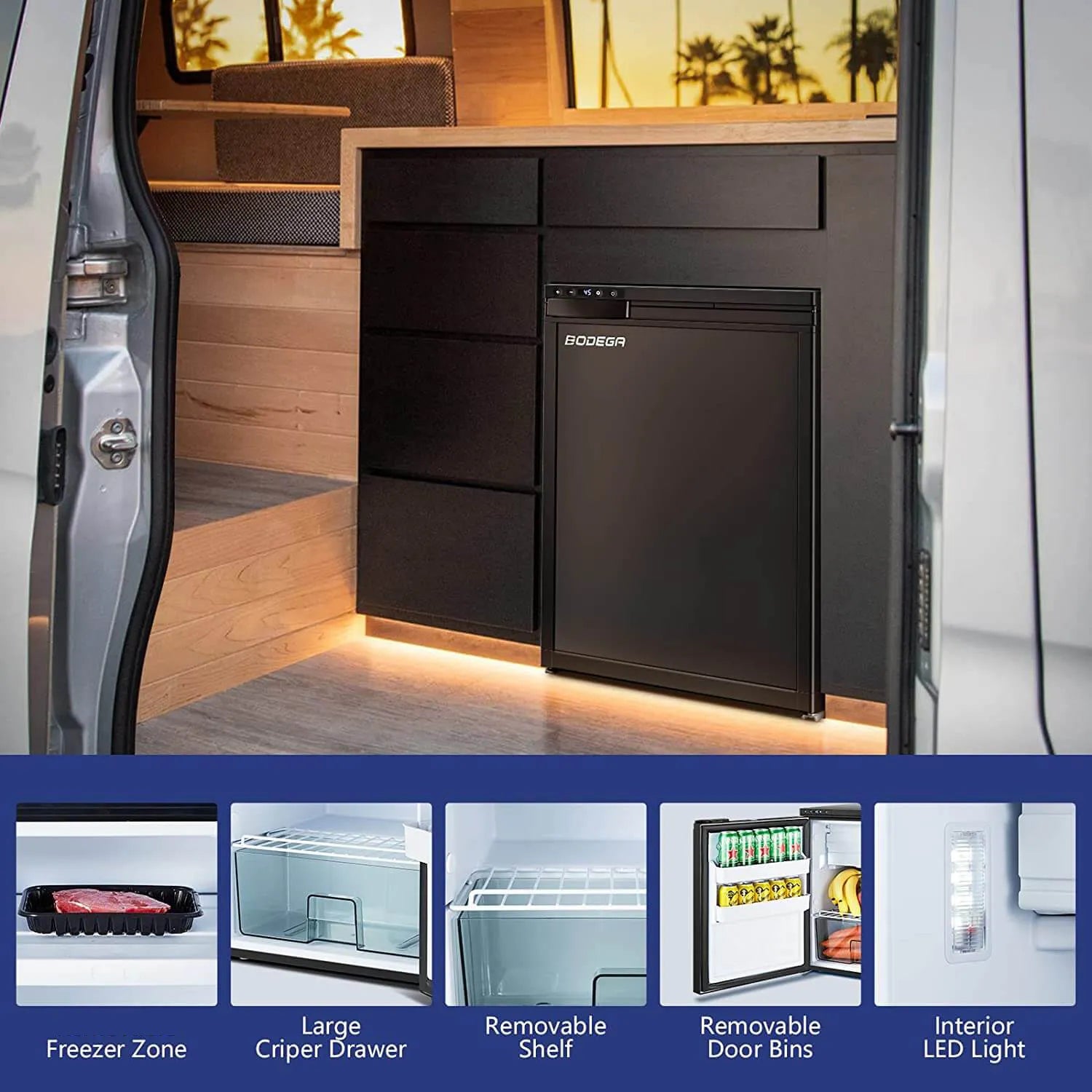 Compact refrigerator and freezer unit inside a vehicle with features highlighted.