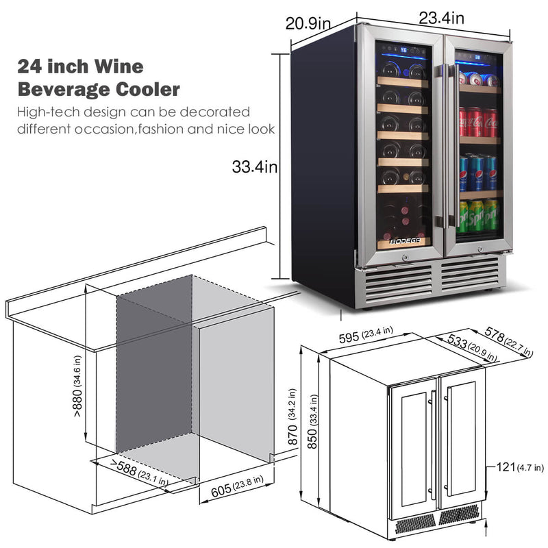 BODEGAcooler 24" Dual Zone 19 Bottles and 57 Cans Wine and Beverage Cooler