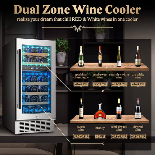 AAOBOSI 15 Inch Wine Cooler, 28 Bottle Dual Zone Wine Refrigerator ‎JC-85B
