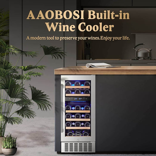 AAOBOSI 15 Inch Wine Cooler, 28 Bottle Dual Zone Wine Refrigerator ‎JC-85B
