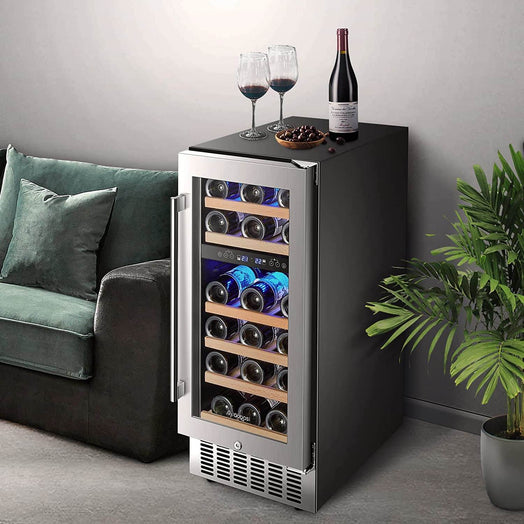 AAOBOSI 15 Inch Wine Cooler, 28 Bottle Dual Zone Wine Refrigerator ‎JC-85B