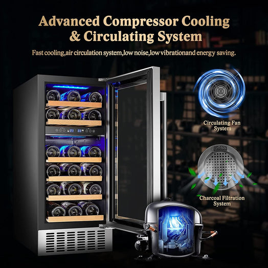 AAOBOSI 15 Inch Wine Cooler 28 Bottle Dual Zone Wine Refrigerator ‎JC-85B