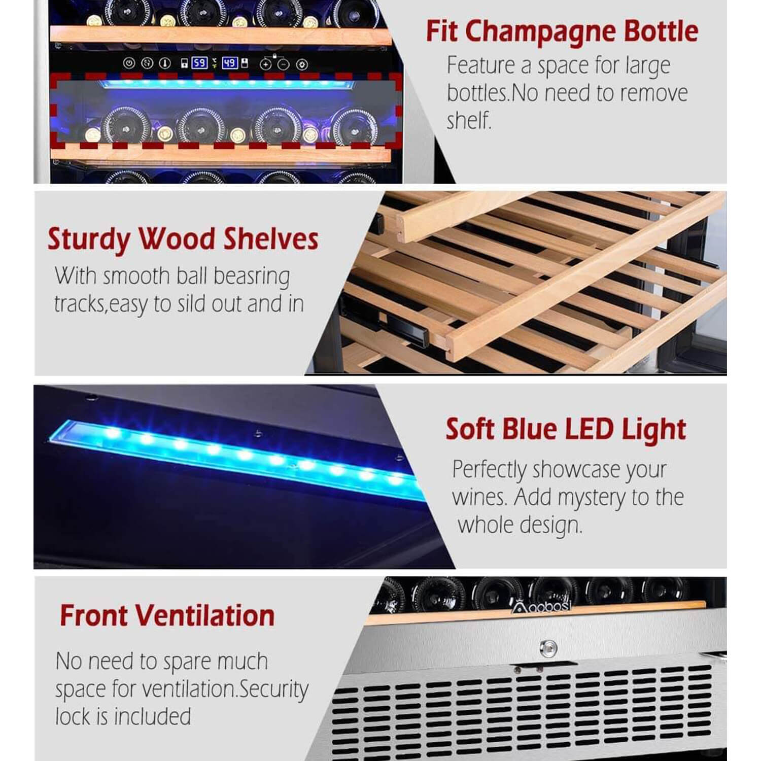 AAOBOSI 24 Inch Dual Zone Wine Cooler 46 Bottle Freestanding and Built-in Wine Refrigerator JC-145B