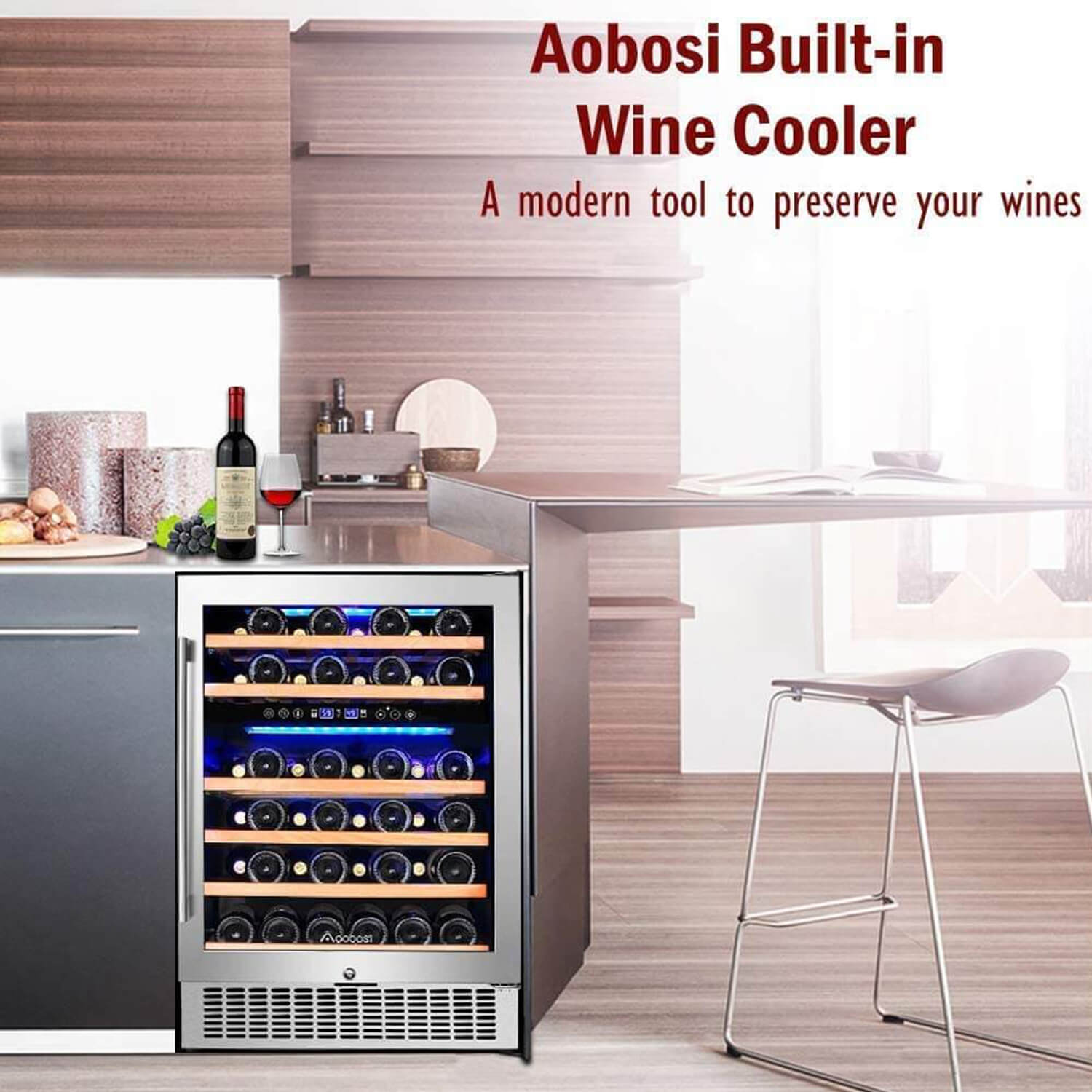 AAOBOSI 24 Inch Dual Zone Wine Cooler 46 Bottle Freestanding and Built-in Wine Refrigerator JC-145B