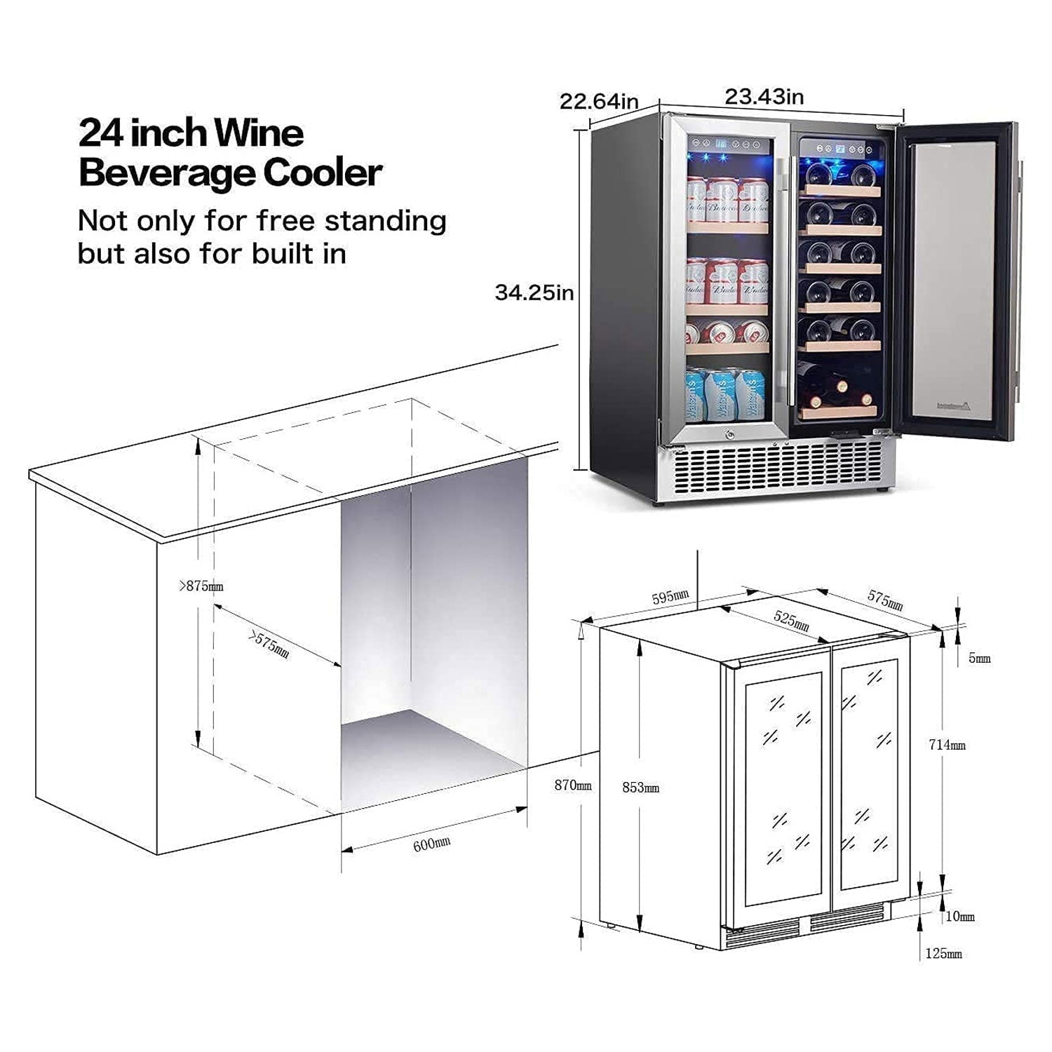 AAOBOSI 24 Inch Beverage and Wine Cooler Dual Zone 2-IN-1 Hold 18 Bottles and 57 Cans YC120-2D