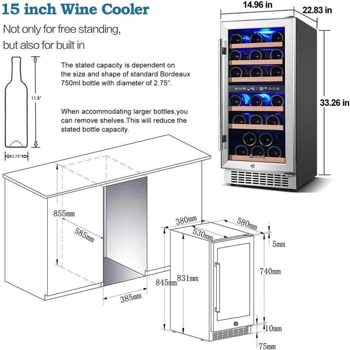 AAOBOSI Wine Cooler Refrigerator 15 inch Dual Zone Wine Fridge for 30 Bottles YC-100B