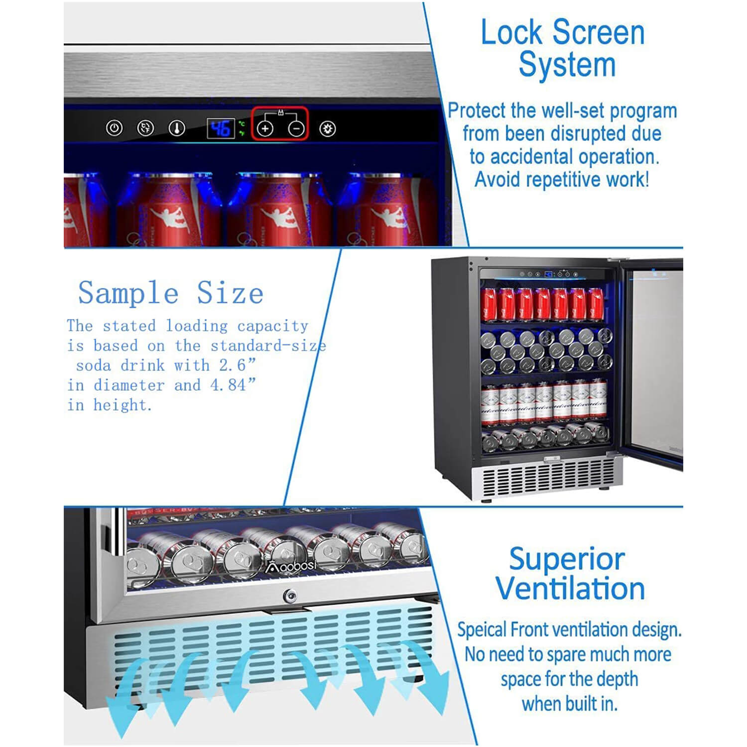 AAobosi 24 Inch 164 Cans Freestanding and Built-in Beverage Refrigerator