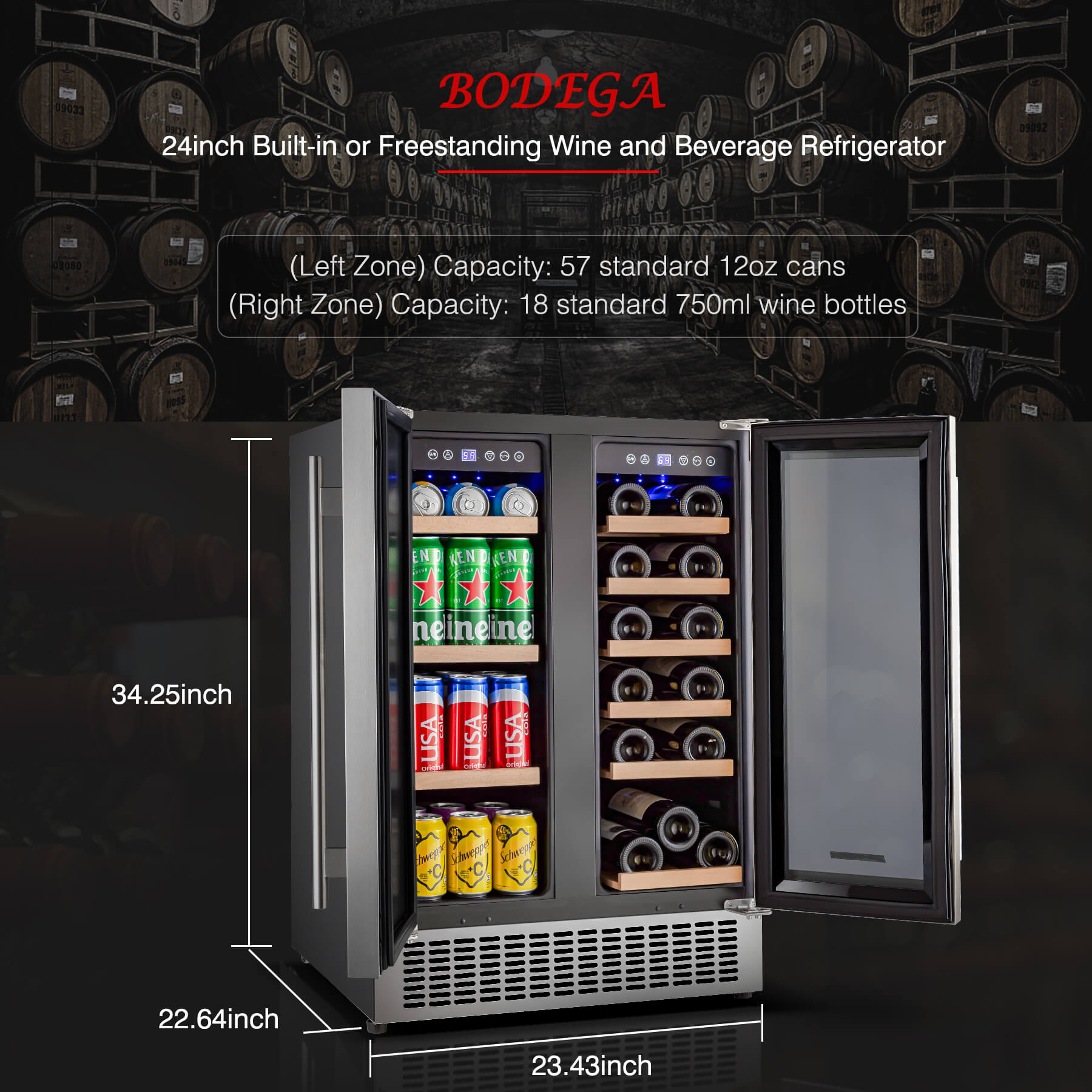 BODEGA Wine Cooler Refrigerator 24 Inch, 174 Bottle Dual Zone Wine Fridge  with Double-Layer Tempered Glass Door and Temperature Memory