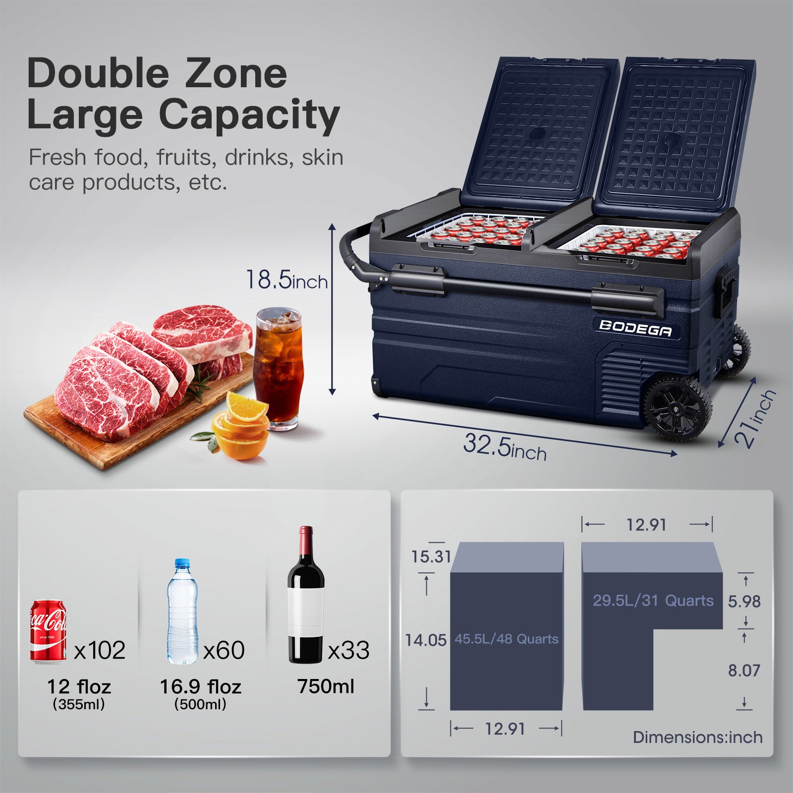 BODEGAcooler 48 Quart/42L Portable Car Fridge Dual Zone