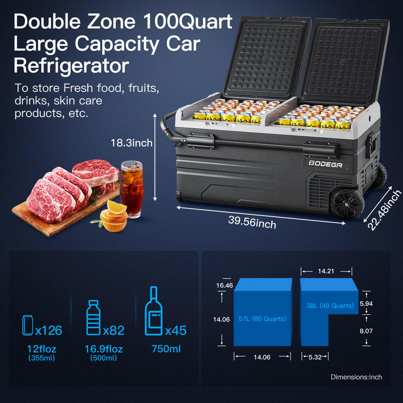 BODEGAcooler Large Portable Fridge 100qt/95L Dual Zone TWW95