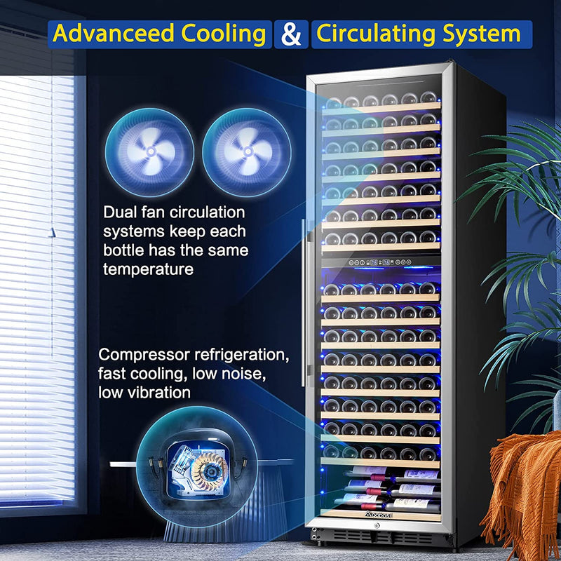 AAOBOSI 24" Free Standing 176 Bottles Wine Cooler in Stainless Steel with Wood Shelves YC-510B
