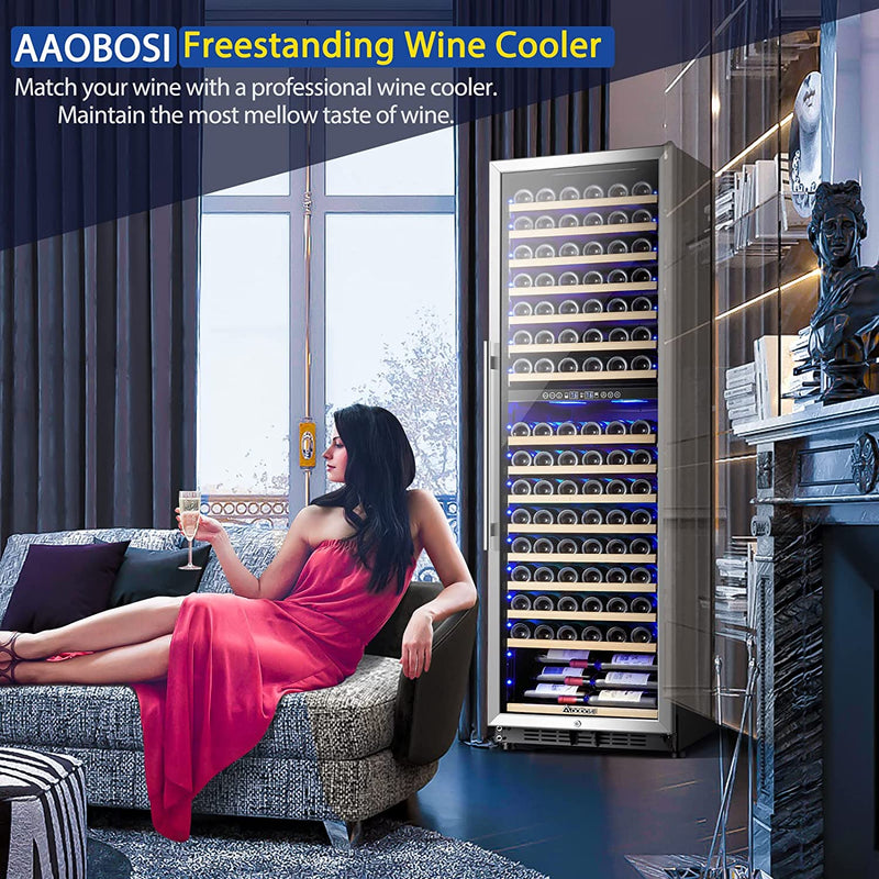 AAOBOSI 24" Free Standing 176 Bottles Wine Cooler in Stainless Steel with Wood Shelves YC-510B