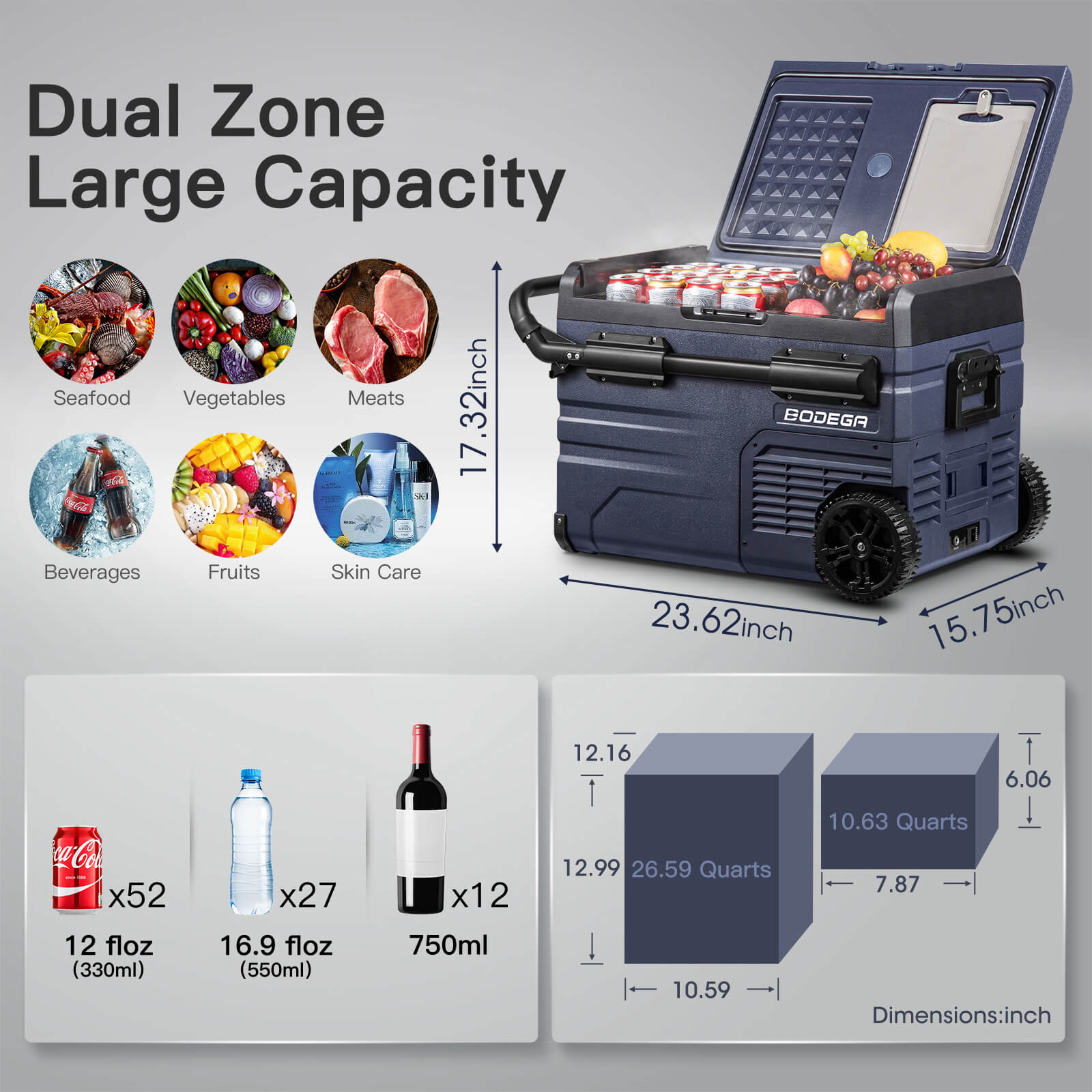 BODEGAcooler Portable Refrigerator 37qt/35L Dual Zone on Wheels TWW35